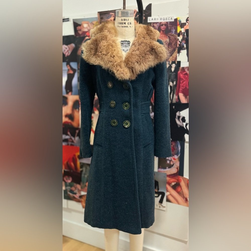 Vintage Aqua Blue Wool and Faux Fur Double Breasted Coat